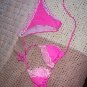 SHEIN Pink and White Lace Bikini Set